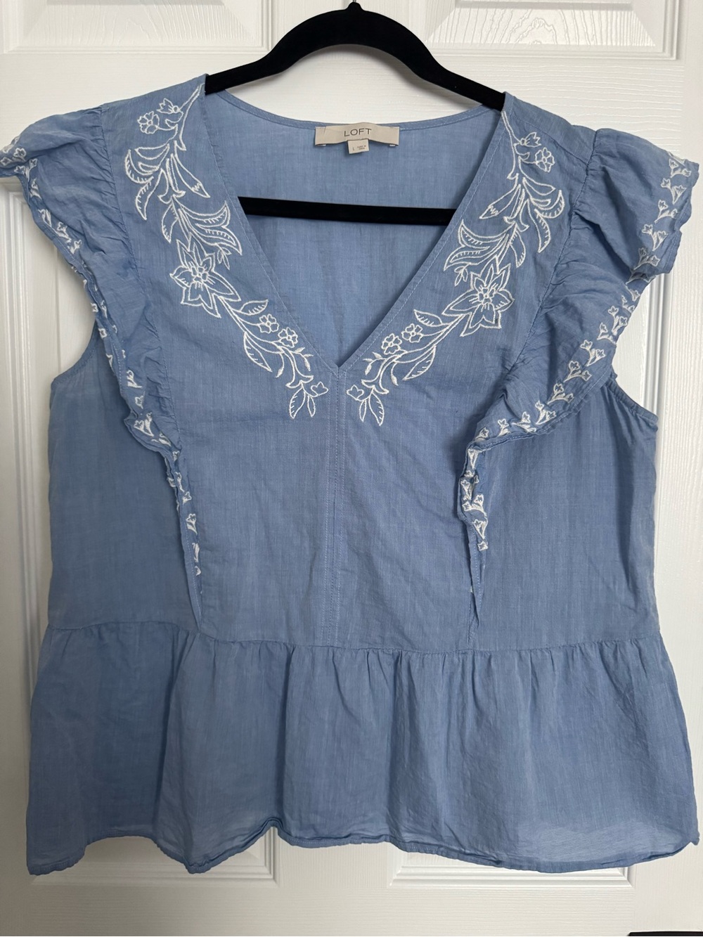 LOFT Chambray Blue Embroidered V-Neck Ruffle Peplum Top
